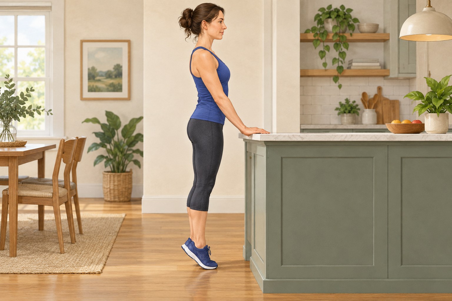 Illustration of a supported calf raise beside a fixed counter.