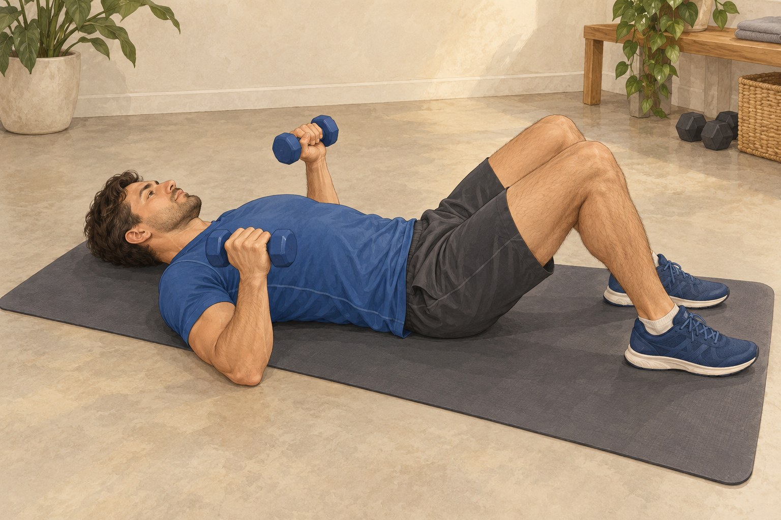 Illustration of the starting position for a light dumbbell floor press.