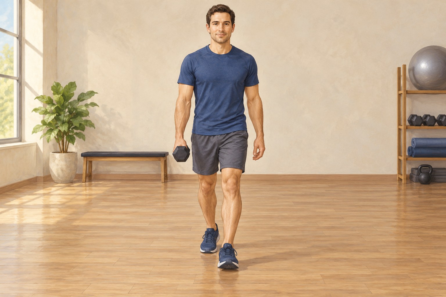 Illustration of an upright suitcase carry with one small dumbbell.