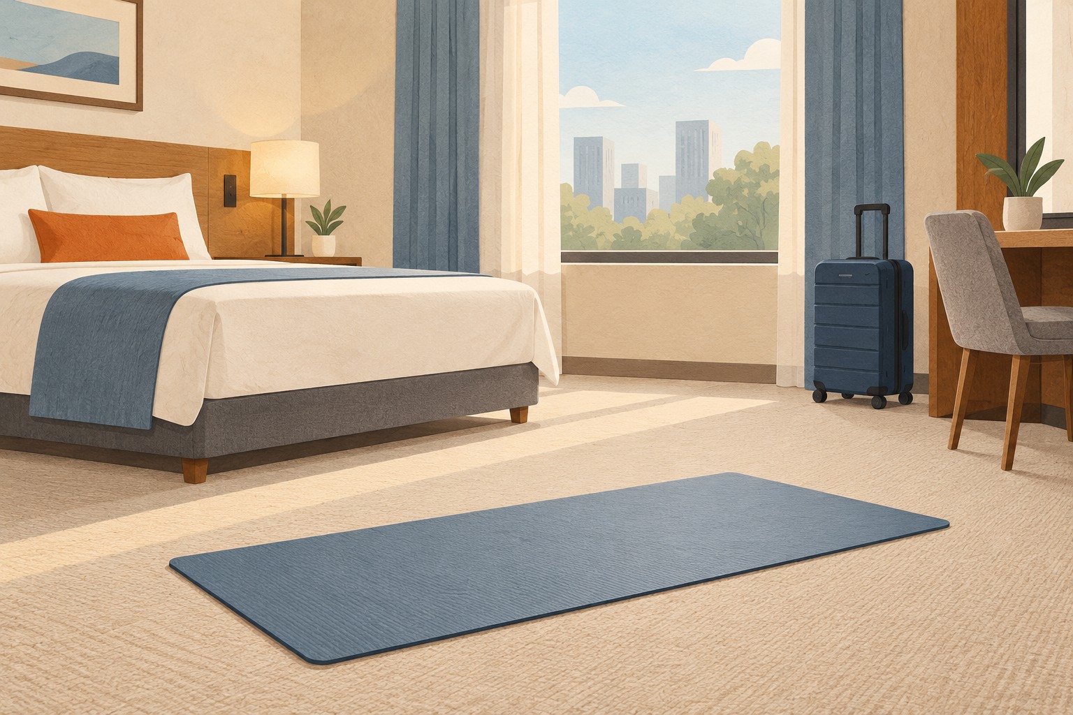 Illustration of a clear exercise area in a hotel room, with a travel mat away from furniture.