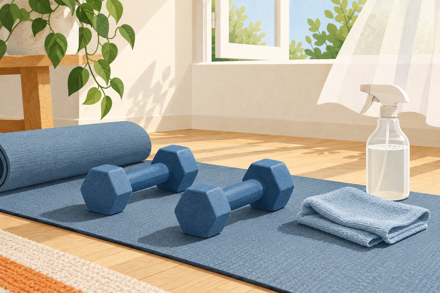 Illustration of a mat and dumbbells beside a cleaning cloth and plain spray bottle.