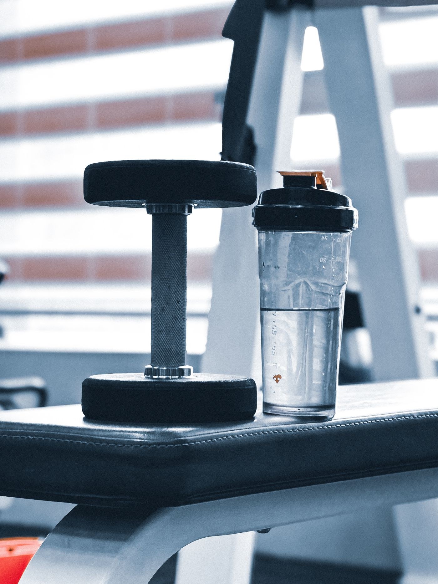 A refillable shaker bottle beside a dumbbell on a gym bench.