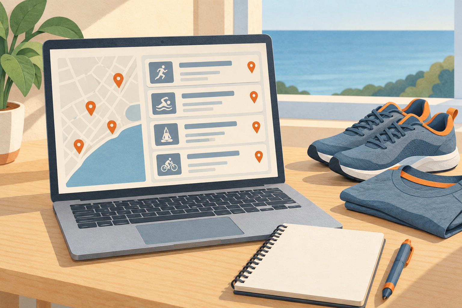 Illustration of a laptop displaying a generic local activity directory beside training clothes.